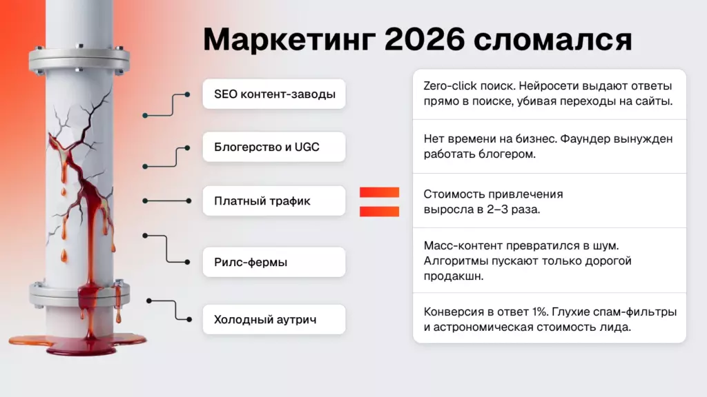 Инфографика, демонстрирующая кризис маркетинга в 2026 году: нулевой клик в поиске из-за нейросетей, фаундеры вынуждены работать блогерами, стоимость лида выросла в 2-3 раза, а конверсия в холодном аутриче составляет 1%.