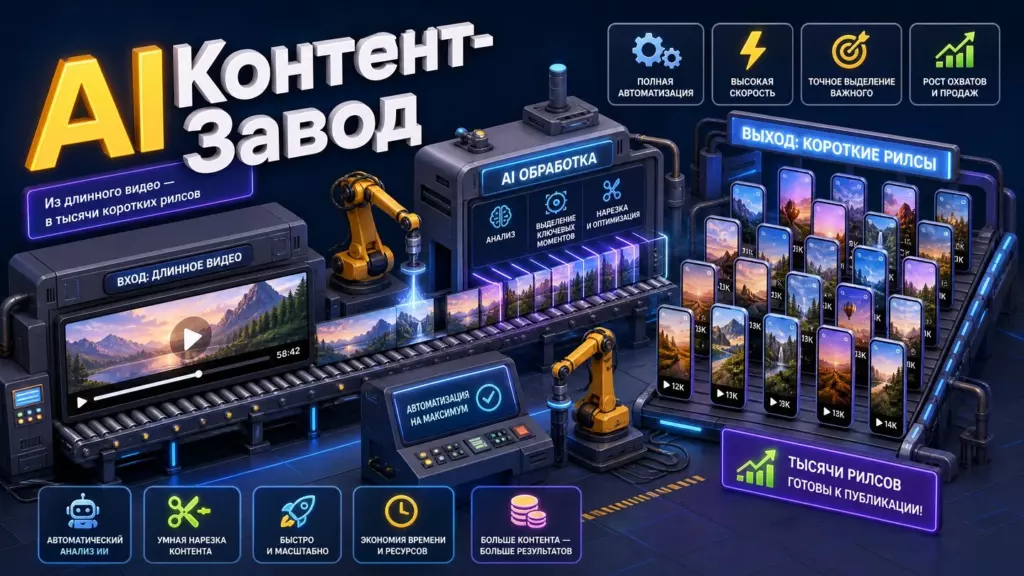 Схема работы ИИ-контент-завода: на входе длинное видео, далее автоматическая обработка с помощью ИИ, выделение ключевых моментов, на выходе тысячи коротких рилсов с субтитрами. Преимущества: полная автоматизация, высокая скорость, точность, рост охватов и продаж. Иллюстрация к статье о reels-boss.io на Product Radar