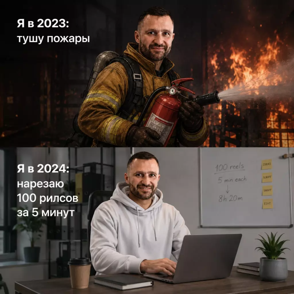 Мем-картинка для статьи об истории основателя, который работал в пожарной охране, а затем стал основателем стартапа Reels Boos: в верхней части основатель в образе пожарного, в нижней - в образе офисного работника.