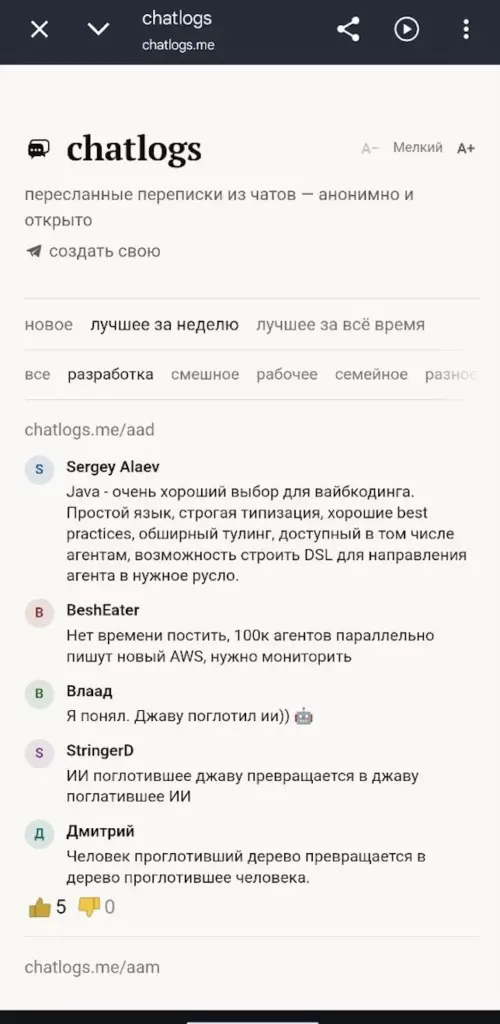 Скриншот переписки в Chatlogs на тему Java и ИИ, показывает, как выглядят аватарки и имена собеседников в публикации, и как читается цепочка сообщений