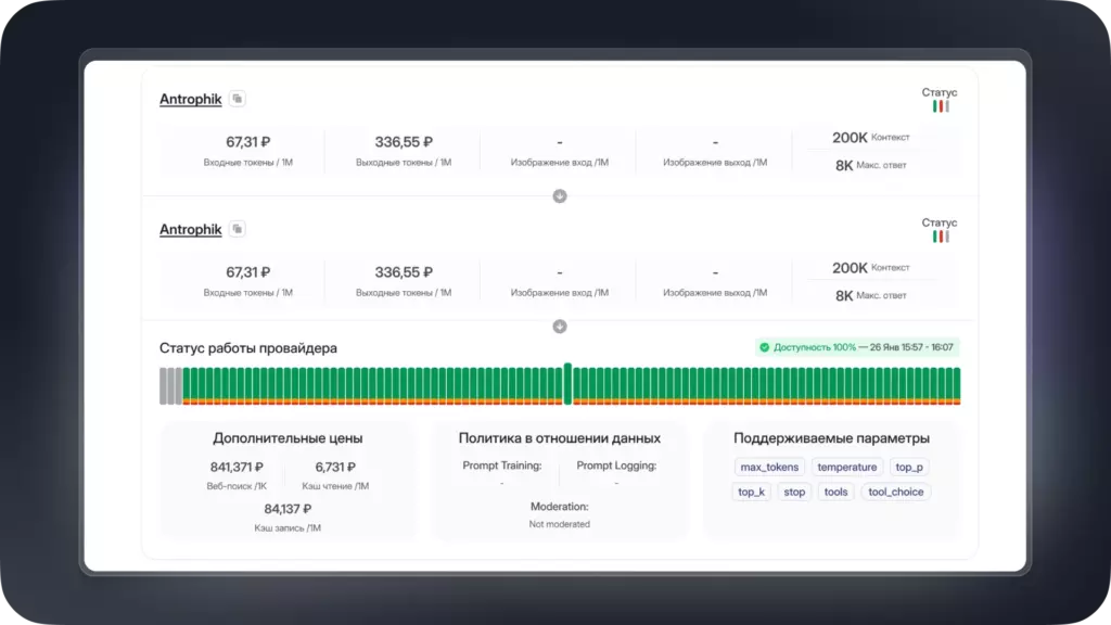 Скриншот интерфейса платформы Polza.ai с подключенными провайдерами ИИ-моделей: цены на входные и выходные токены, размер контекста, статус работы провайдера, политика в отношении данных и поддерживаемые параметры (max_tokens, temperature, top_p и другие)