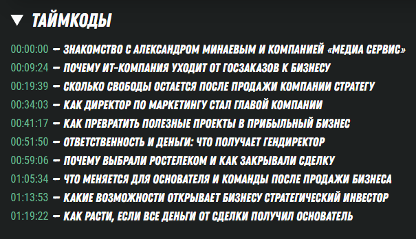 Скриншот со списком таймкодов выпуска подкаста «Стартап-секреты» с Александром Минаевым